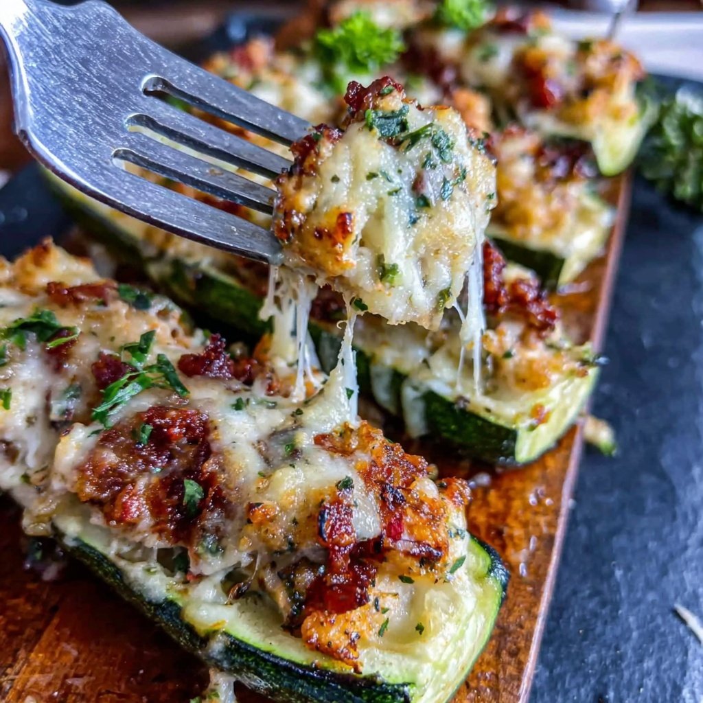 Shredded Chicken Stuffed Zucchini Boats