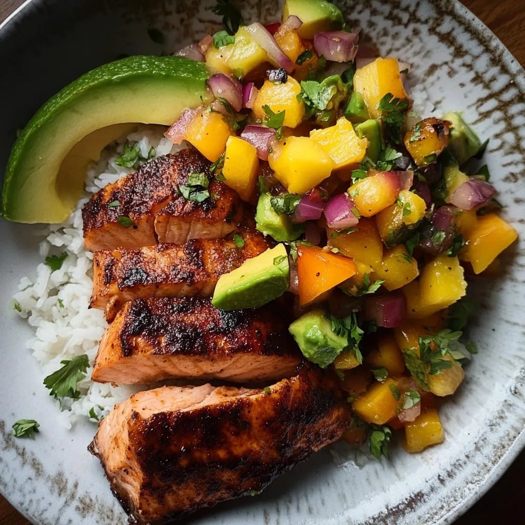 BBQ Salmon Bowls with Mango Avocado Salsa